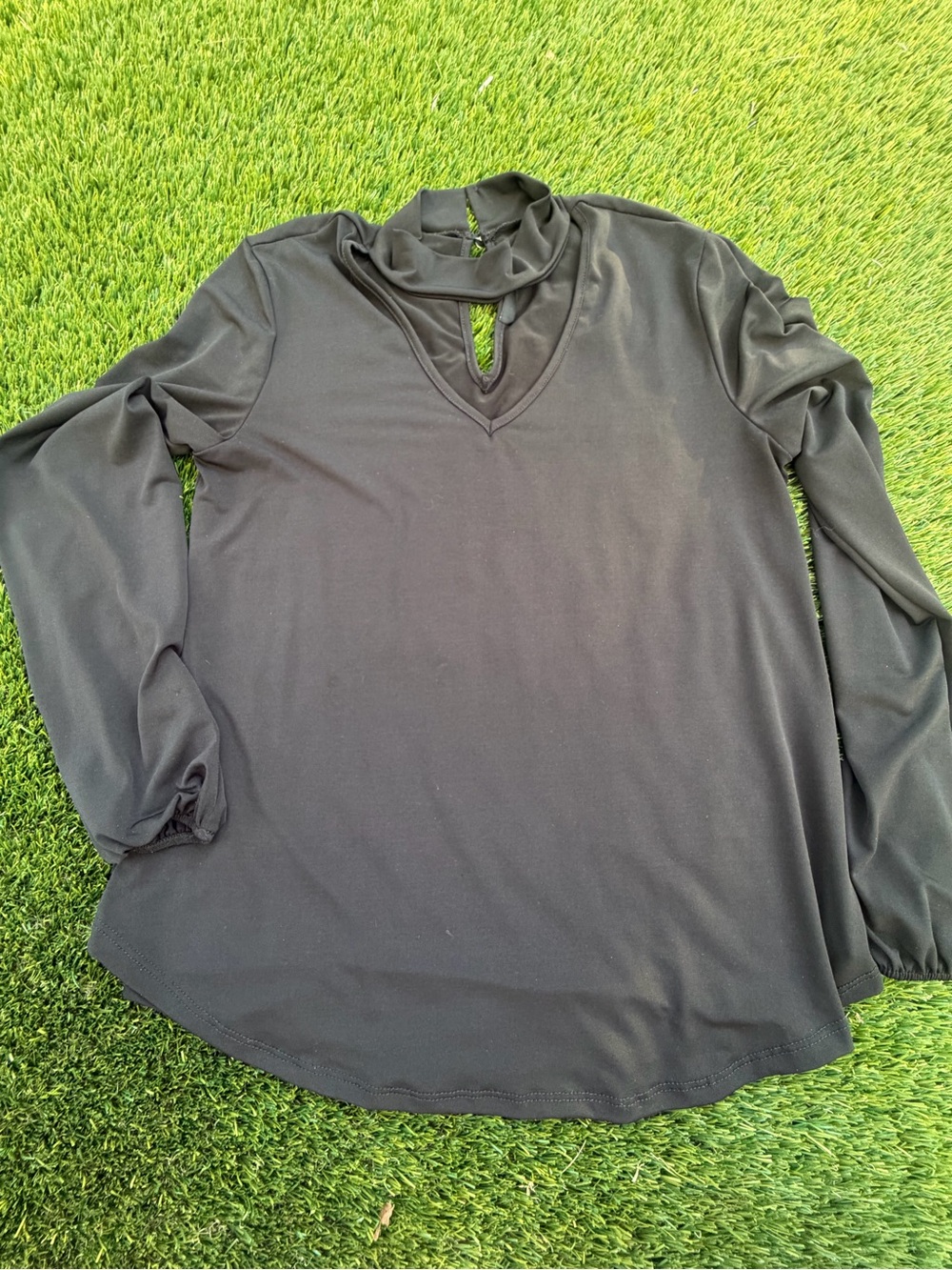 Ariella Black Long-Sleeve Keyhole Mock Neck Top with Black Buttons